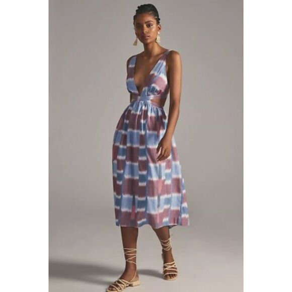 Anthropologie Dresses & Skirts - Anthropologie Midi Dress M Open Back Cut Out Tropical Vacation Beach Chic Purple